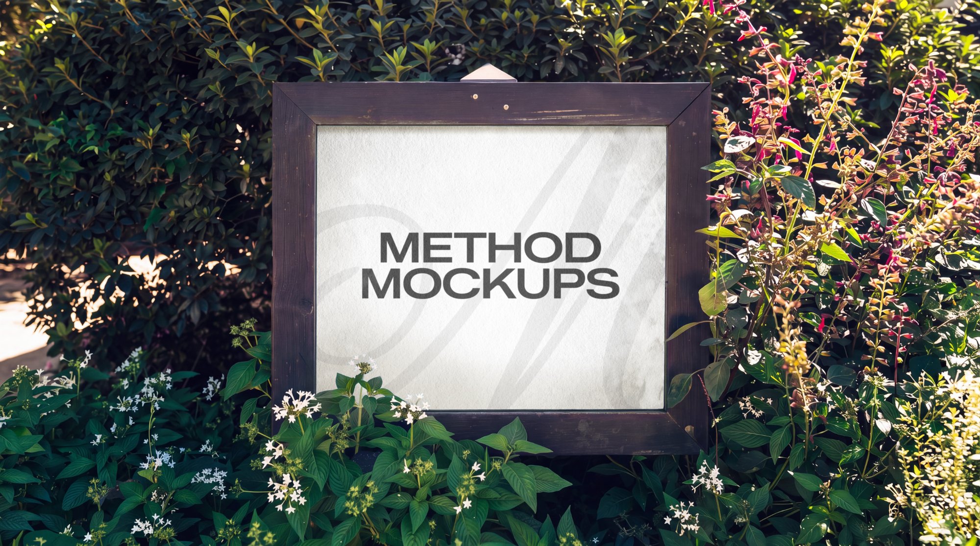 Garden Sign in Dark Wood Frame Mockup