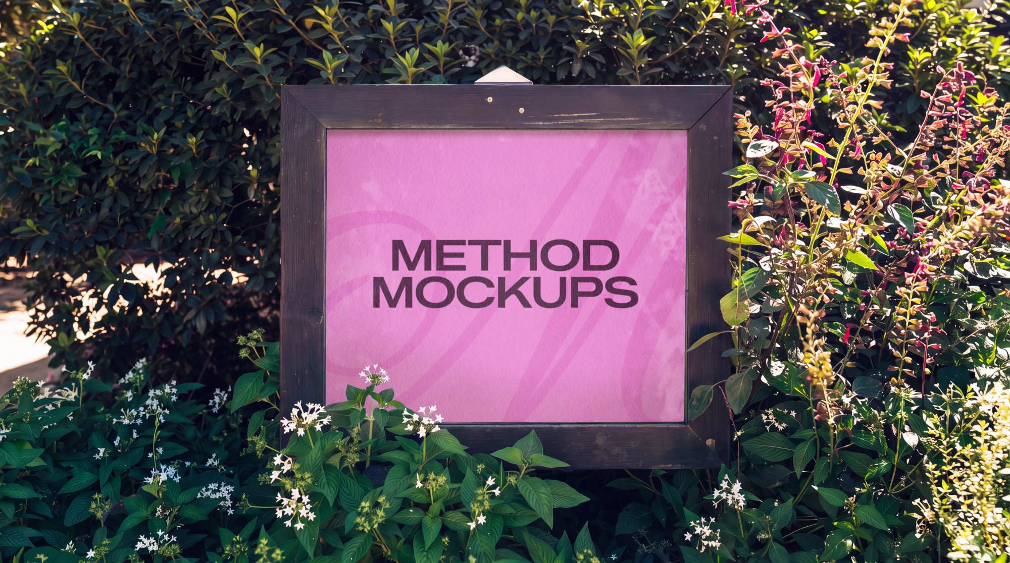 Garden Sign in Dark Wood Frame Mockup, alternate color