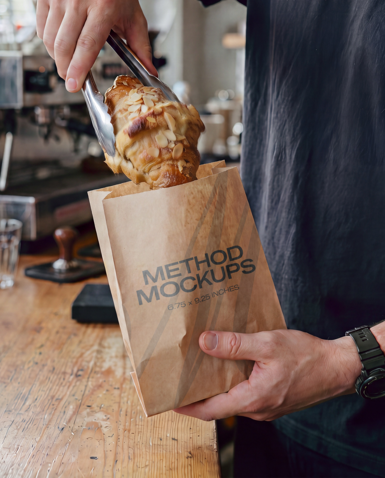 Kraft Paper Bag Mockup, Barista Serving a Croissant