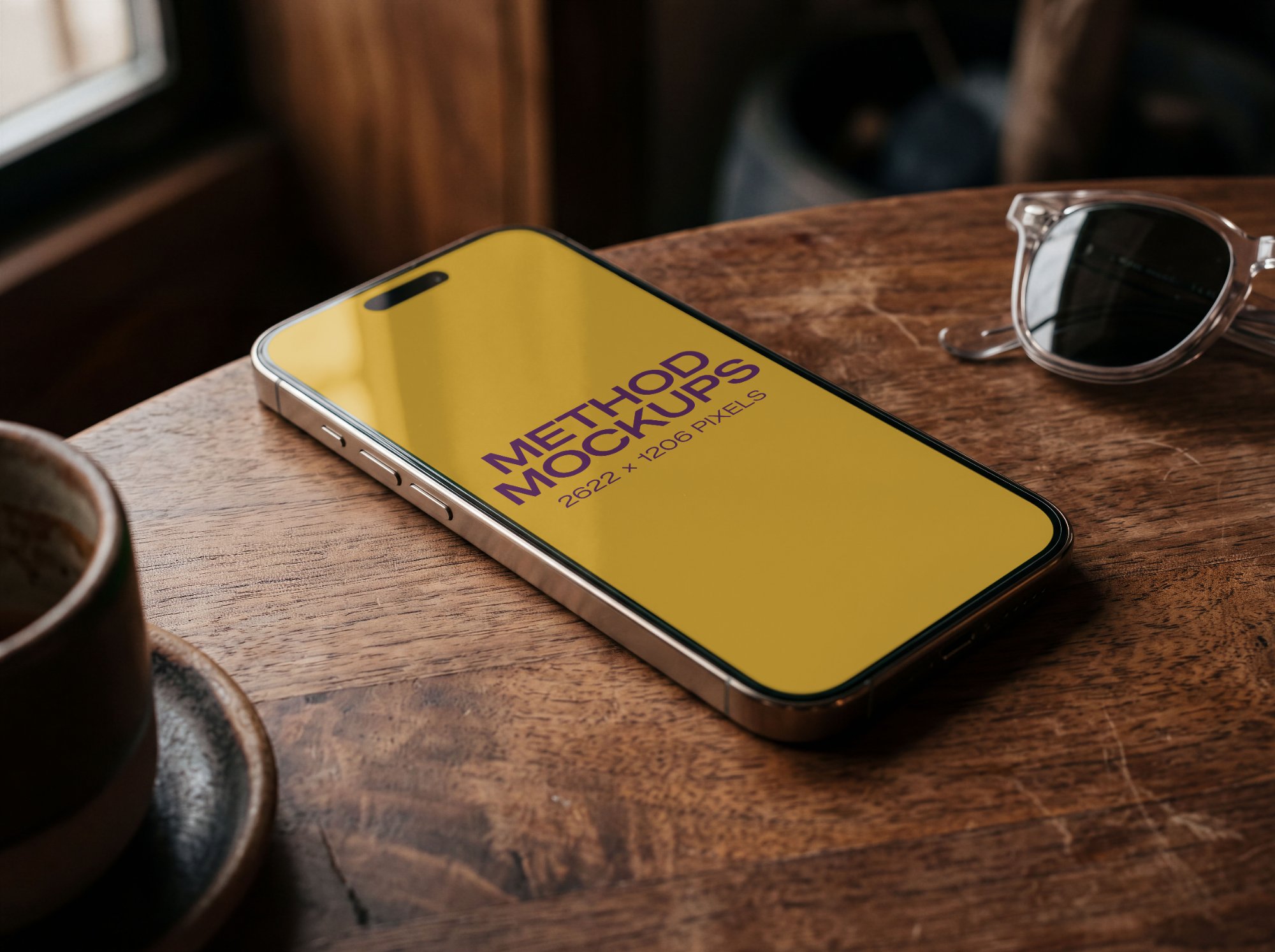 Moody Phone Mockup, Angled on Wood