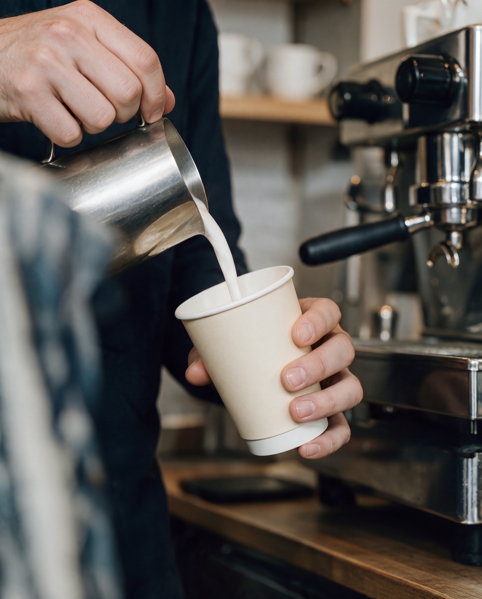 Paper Coffee Cup Mockup, Barista Pouring Milk