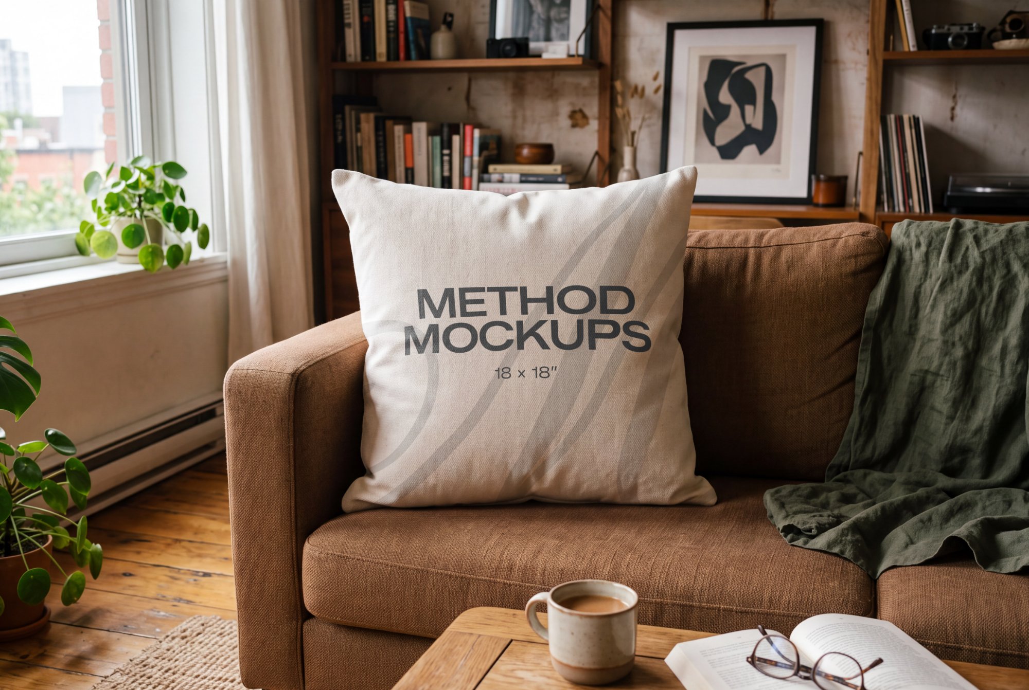 Square Throw Pillow Mockup on Sofa